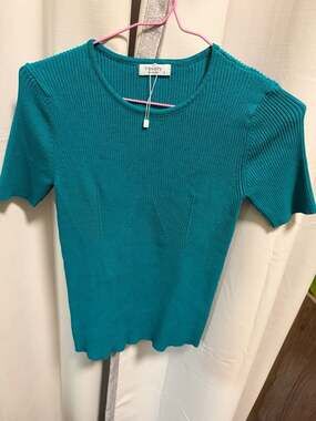 Yekaty Ribbed Knit Short Sleeve Top Teal Size S